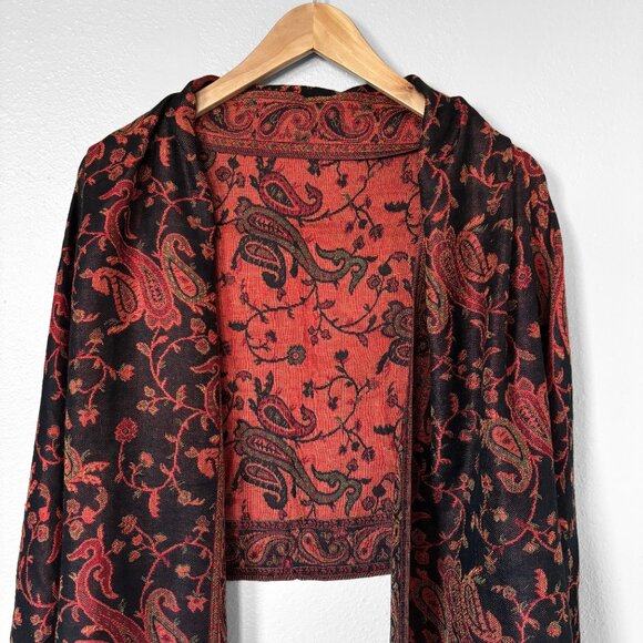 Floral Paisley Silk Pashmina Shawl Reversible Scarf Red Black Boho Maximalism - Picture 6 of 15